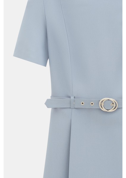 Bordo Düğme Detaylı Kemerli Mini Elbise