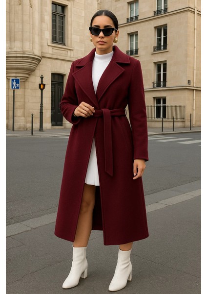 Kadın Kruvaze Salaş Trend Bordo Kaşe Kaban