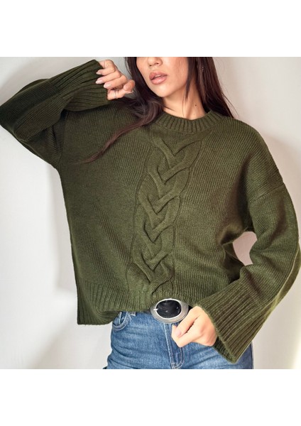 Kadın Yün Karışımlı Örgü Detaylı Yumuşak Oversize Kazak- Haki