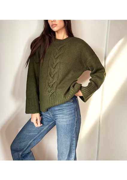 Kadın Yün Karışımlı Örgü Detaylı Yumuşak Oversize Kazak- Haki fiyatları