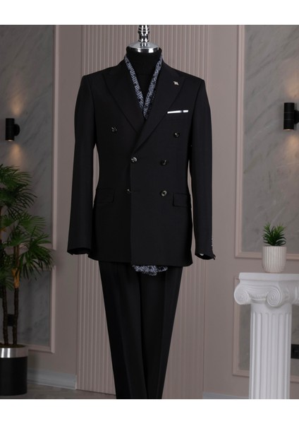 Italyan Stil Slim Fit 8 Drop Kruvaze Ceket Pantolon Takım Elbise Siyah T14587