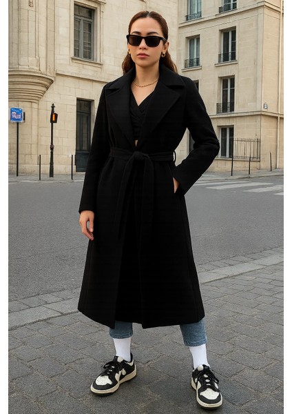 Kadın Kruvaze Salaş Trend Siyah Kaşe Kaban fiyatları