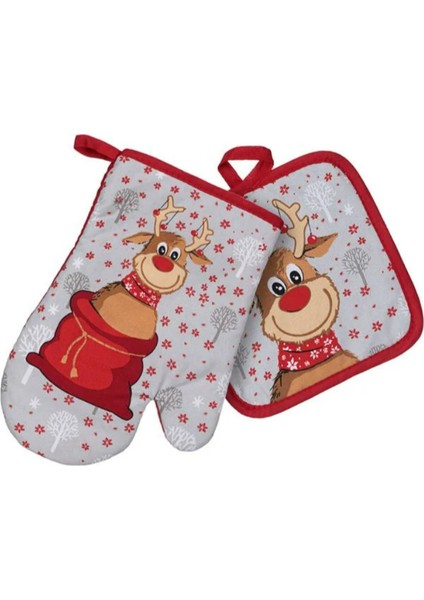 Yılbaşı Özel Ren Geyiği Temalı Fırın Eldiveni Seti Kırmızı 35X40 cm