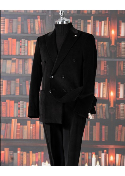 Italyan Stil Slim Fit Kruvaze Kadife Ceket Pantolon Takım Elbise Siyah T14972