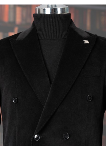 Italyan Stil Slim Fit Kruvaze Kadife Ceket Pantolon Takım Elbise Siyah T14972 fiyatları