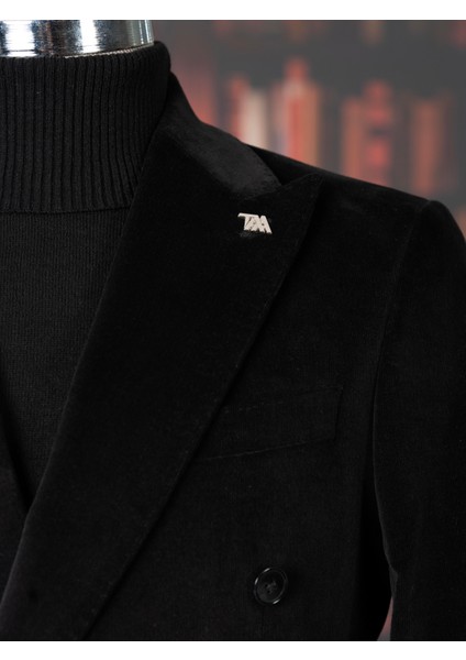 Italyan Stil Slim Fit Kruvaze Kadife Ceket Pantolon Takım Elbise Siyah T14972 modelleri