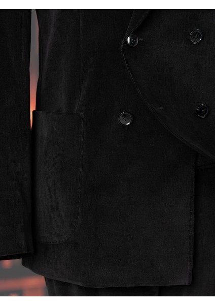 Italyan Stil Slim Fit Kruvaze Kadife Ceket Pantolon Takım Elbise Siyah T14972 fırsatları