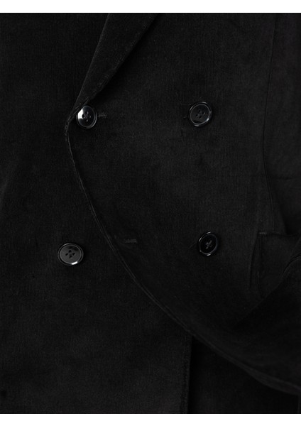 Italyan Stil Slim Fit Kruvaze Kadife Ceket Pantolon Takım Elbise Siyah T14972