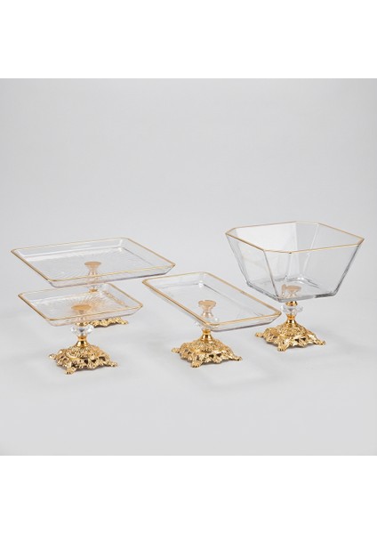 Gold Detaylı Metal Ayaklı 4'lü Cam Çerezlik ve Kahvaltılık Sunum Seti