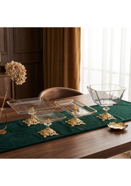 Gold Detaylı Metal Ayaklı 4'lü Cam Çerezlik ve Kahvaltılık Sunum Seti fiyatları