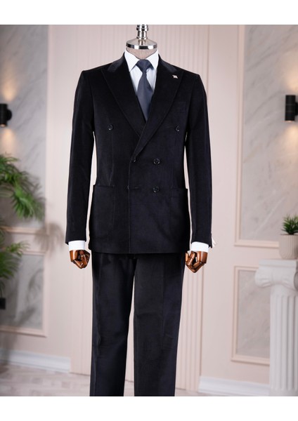 Italyan Stil Slim Fit Kruvaze Kadife Ceket Pantolon Takım Elbise Lacivert T14973