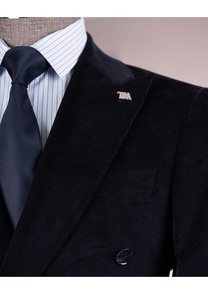 Italyan Stil Slim Fit Kruvaze Kadife Ceket Pantolon Takım Elbise Lacivert T14973 fiyatları