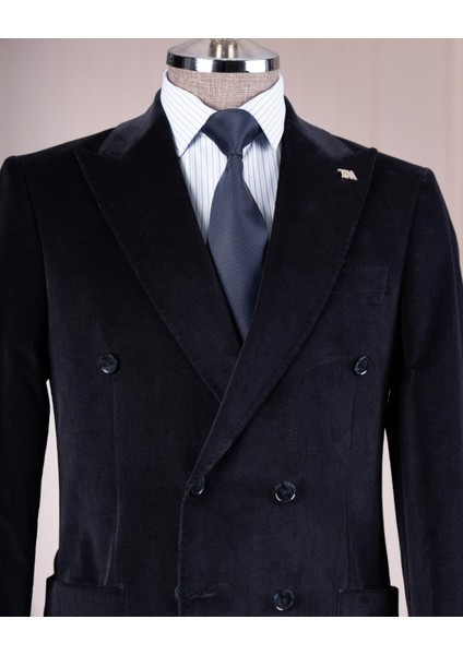 Italyan Stil Slim Fit Kruvaze Kadife Ceket Pantolon Takım Elbise Lacivert T14973 modelleri