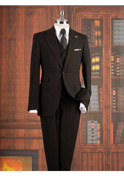 Italyan Stil Slim Fit Mono Yaka Ceket Yelek Pantolon Takım Elbise Siyah T14751