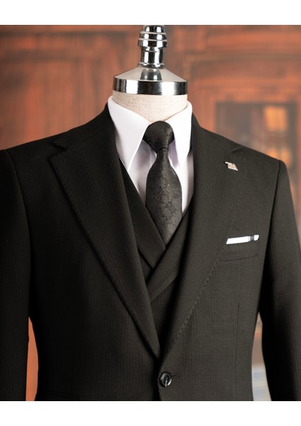 Italyan Stil Slim Fit Mono Yaka Ceket Yelek Pantolon Takım Elbise Siyah T14751 fiyatları