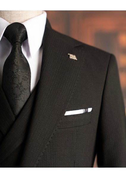 Italyan Stil Slim Fit Mono Yaka Ceket Yelek Pantolon Takım Elbise Siyah T14751 modelleri