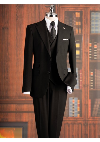 Italyan Stil Slim Fit Mono Yaka Ceket Yelek Pantolon Takım Elbise Siyah T14751 indirimleri