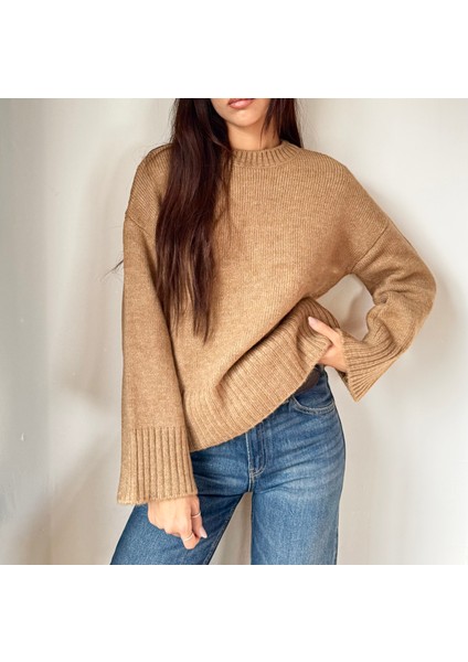 Kadın Bisiklet Yaka Oversize Triko Kazak Camel fiyatları