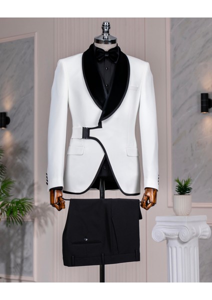 Italyan Stil Slim Fit Şal Yaka Ceket Yelek Pantolon Damatlık Set Beyaz T14893