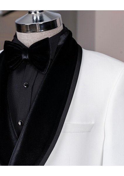 Italyan Stil Slim Fit Şal Yaka Ceket Yelek Pantolon Damatlık Set Beyaz T14893 modelleri