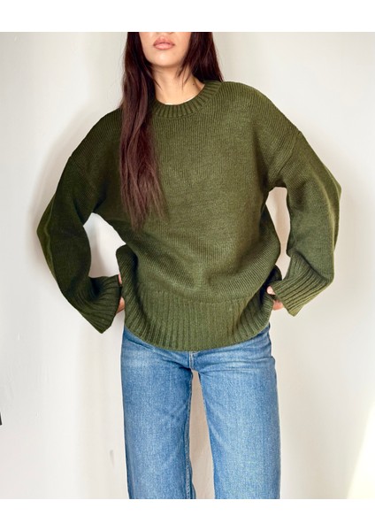 Kadın Bisiklet Yaka Oversize Triko Kazak Haki