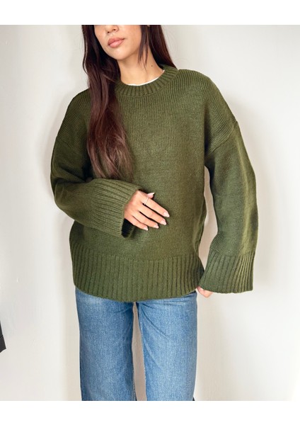 Kadın Bisiklet Yaka Oversize Triko Kazak Haki fiyatları