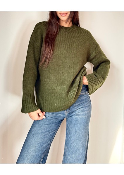 Kadın Bisiklet Yaka Oversize Triko Kazak Haki modelleri