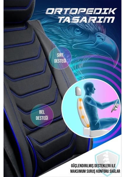 Fiat 500X Uyumlu Yarı Deri Oto Koltuk Kılıfı 5li Set Alya Seri Siyah-Mavi