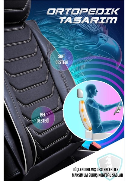 Chevrolet Trax Uyumlu Yarı Deri Oto Koltuk Kılıfı 5li Set Alya Seri Siyah-Beyaz indirimleri