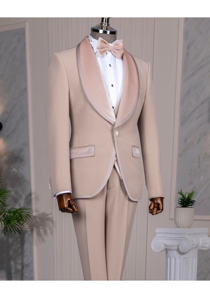 Italyan Stil Slim Fit Kadife Şal Yaka Ceket Yelek Pantolon Damatlık Set Bej T14891