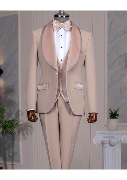Italyan Stil Slim Fit Kadife Şal Yaka Ceket Yelek Pantolon Damatlık Set Bej T14891 fiyatları