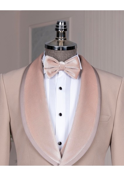 Italyan Stil Slim Fit Kadife Şal Yaka Ceket Yelek Pantolon Damatlık Set Bej T14891 modelleri