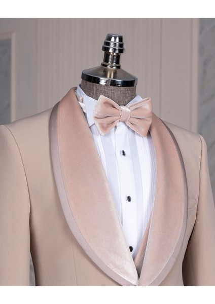 Italyan Stil Slim Fit Kadife Şal Yaka Ceket Yelek Pantolon Damatlık Set Bej T14891 fırsatları