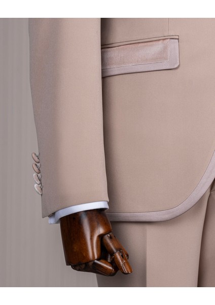 Italyan Stil Slim Fit Kadife Şal Yaka Ceket Yelek Pantolon Damatlık Set Bej T14891