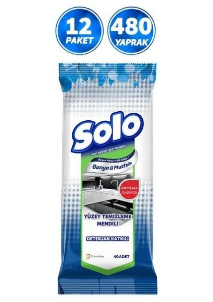 Banyo ve Mutfak Kirece Karşı Etkili Yüzey Temizleme Mendili Deterjan Katkılı 40 Ade x 12 Pakett