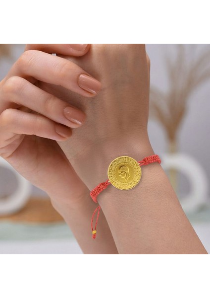 22 Ayar Yeni Tam Altın Pembe Renkli Ipli Bileklik