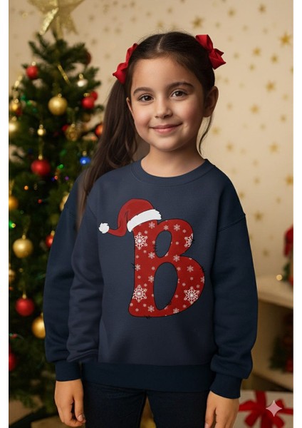 B Harfli Unisex Yilbasi Temali Sweatshirt Cocuk