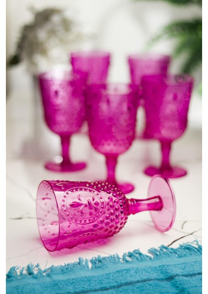 Akrilik Pembe 6'lı Kadeh & Su Meşrubat Kahve Yanı Bardağı 450 ml ( Cam Değildir )