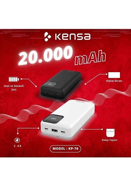 Powerbank Kendinden Kablolu 2.4A Hızlı ve Güçlü 20.000 Mah Typc-E ve Lightning Kablolu