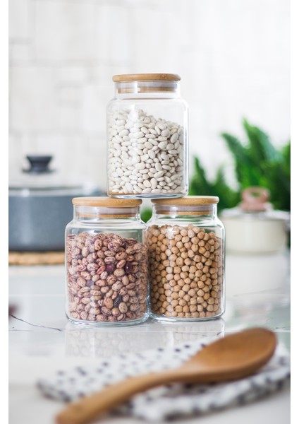 3 Lü Set Bambu Kapaklı Cam Kavanoz & Erzak Saklama Kabı 800 ml Orta Boy ( Vakum Kapak ) modelleri