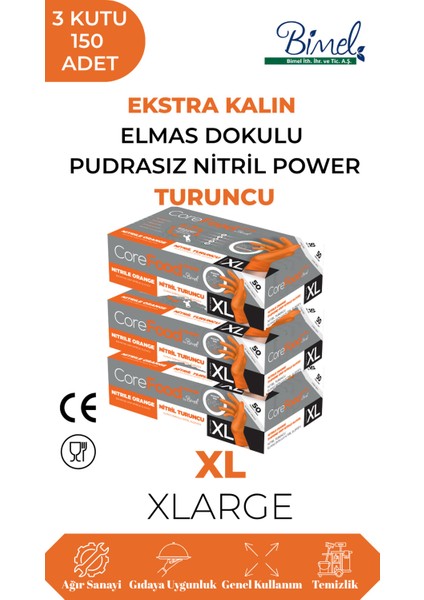 Nitril Turuncu Power Pudrasız Muayene Eldiveni Xl - 3 Paket 50 Li