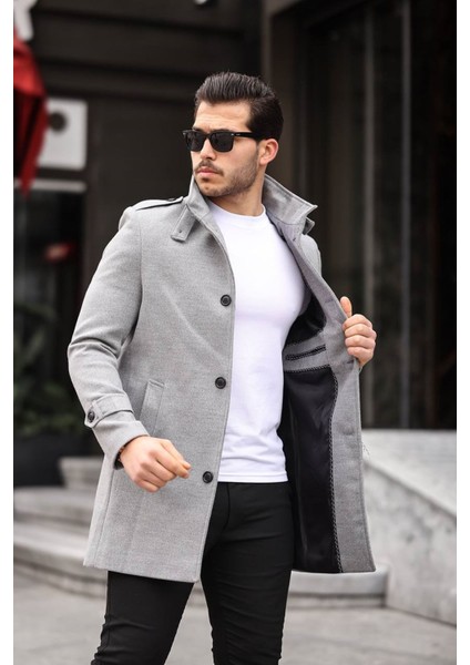 580-SLIMFIT Kesim Erkek Ezel Yaka Diz Üstü Kaşe Kaban-Gri