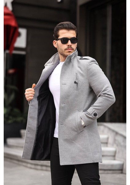 580-SLIMFIT Kesim Erkek Ezel Yaka Diz Üstü Kaşe Kaban-Gri fiyatları