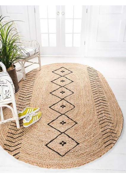 Boho 956 Oval Siyah Etnik Desenli Jüt Rengi Örgü Yuvarlak Natural Çift Taraflı Halı modelleri