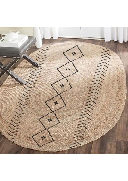Boho 956 Oval Siyah Etnik Desenli Jüt Rengi Örgü Yuvarlak Natural Çift Taraflı Halı fırsatları