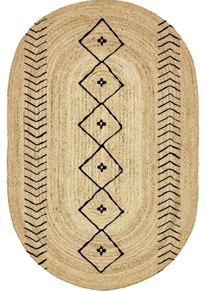 Boho 956 Oval Siyah Etnik Desenli Jüt Rengi Örgü Yuvarlak Natural Çift Taraflı Halı indirimleri