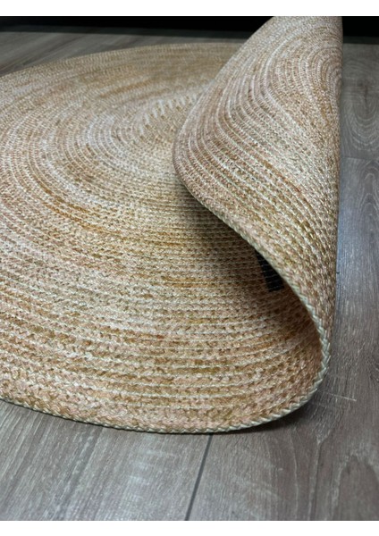 Boho 956 Oval Siyah Etnik Desenli Jüt Rengi Örgü Yuvarlak Natural Çift Taraflı Halı