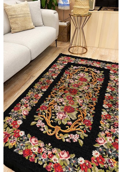 Mars 2001 Siyah Tonunda Çiçekli Bordürlü Eskitme Desen Kaymaz Taban Dekoratifl Halı fiyatları