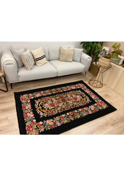 Mars 2001 Siyah Tonunda Çiçekli Bordürlü Eskitme Desen Kaymaz Taban Dekoratifl Halı modelleri