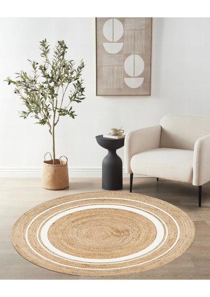 Boho 991 Natural Jüt Görünümlü Desen Üzerine Beyaz Halkalar Yuvarlak Natural Çift Taraflı Halı indirimleri